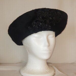 Faux Fur Hat 50s Beaded Bedazzled Cossack Black Size 22 Martelle of West Germany
